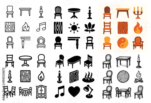 Furniture icons with chair table candle minimal