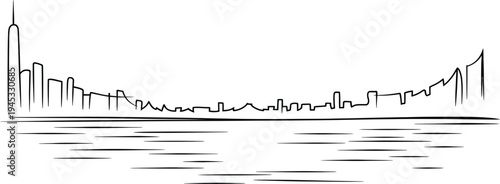Long panorama city skyline line art showing distant coastal town with tall skyscraper silhouette