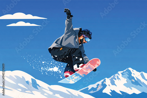 An active snowboarder performs an extreme jump into the cold winter sky, catching action-packed air above a snowy mountain slope during a high-speed snowboarding activity