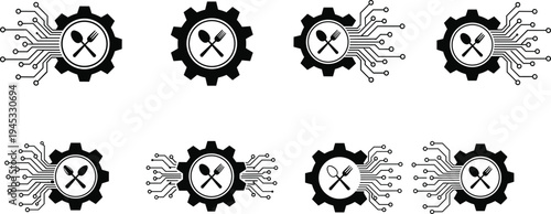 Smart kitchen technology gear icons with fork and spoon symbols connected to digital circuit lines representing automated cooking, food tech innovation and restaurant technology systems