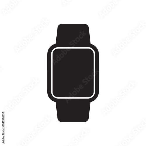 A stark black and white silhouette depicts a modern smartwatch with a rectangular face and wristband isolated on white