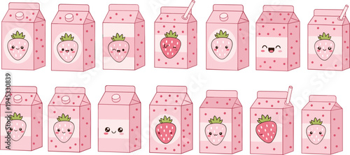 Cute strawberry milk carton vector set with kawaii strawberry characters and pink packaging boxes in flat cartoon style for kids drink branding design