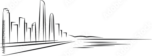 Modern city buildings and natural landscape outline