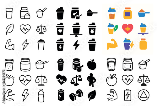Nutrition icons with shaker jar apple minimal