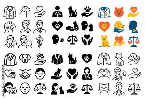 Animal care icons with dog cat paw minimal