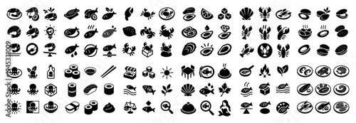 Seafood icons with fish crab shell outline