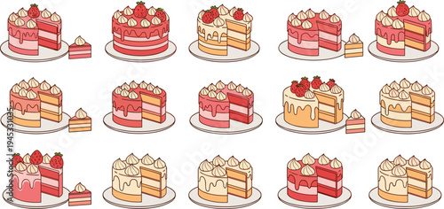 Strawberry and cream cake vector set with sliced cakes, layered desserts and bakery pastries on plates in flat cartoon style for menu and bakery design