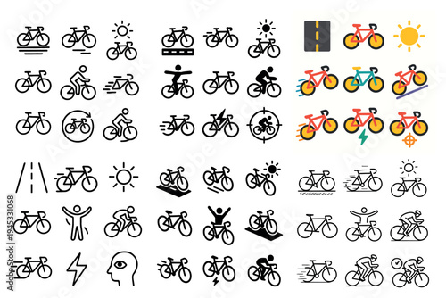 Bicycle icons with colorful bikes road outline