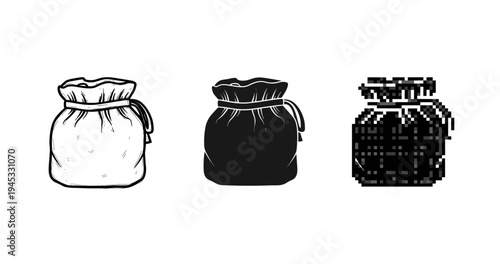 Three drawstring bags in sketch, solid, and pixel art styles on white background