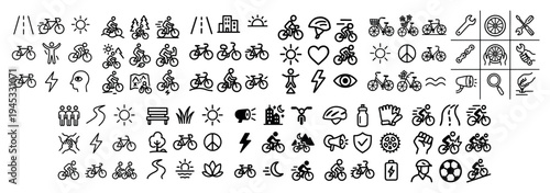 Cycling icons with bicycle helmet wheel outline minimal