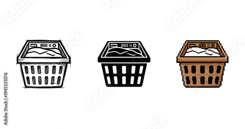 Set of stylized washing machine baskets in sketch, black and white, and cartoon styles