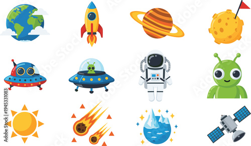 Space exploration vector icon set with planet earth, rocket, astronaut, UFO, alien, satellite, sun and meteor illustrations in colorful flat cartoon style