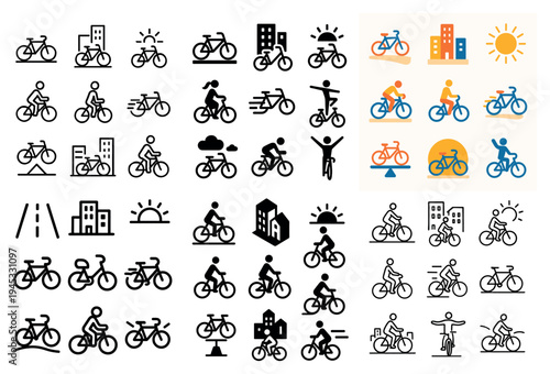 Urban biking icons with bicycle city rider minimal outline