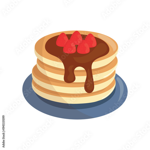 Pancakes with chocolate syrup and fresh strawberries on plate. Sweet breakfast dessert in flat vector style, perfect for cafe menu, food design, brunch and bakery illustrations.