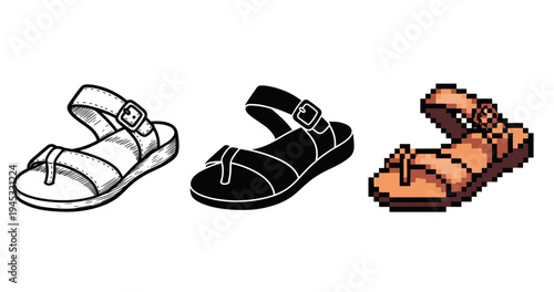 Illustrated, silhouetted, and pixelated sandals in diverse styles
