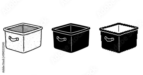 Various styles of storage boxes: sketch, solid, and pixel art designs