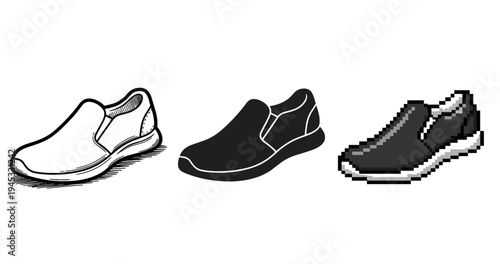 Stylish slip-on shoes in sketch, silhouette, and pixel art