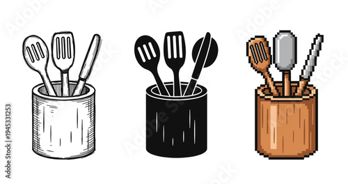 Three styles of kitchen utensils in containers: sketch, silhouette, pixel art