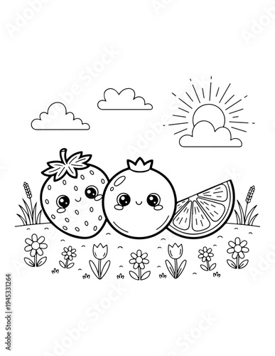 Vector illustration of smiling strawberry, pomegranate, and lemon slice in garden