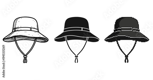 Scribble, silhouette, and pixel art of bucket hats with chin straps