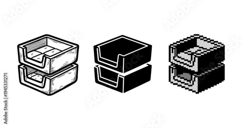 Isometric desk organizers: outline vs. solid vs. pixel art styles