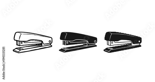 Three styles of stapler: outline, silhouette, and solid design