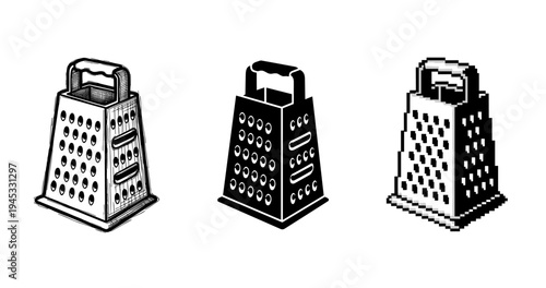 Three grater styles: sketch, silhouette, pixel art