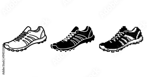 Triptych of sports shoes: outline, silhouette, pixel art design