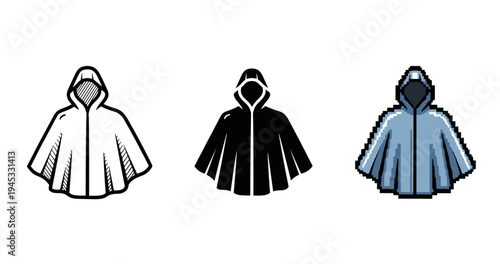 Hooded cloaks: black, white, and pixelated blue variants in stylized design