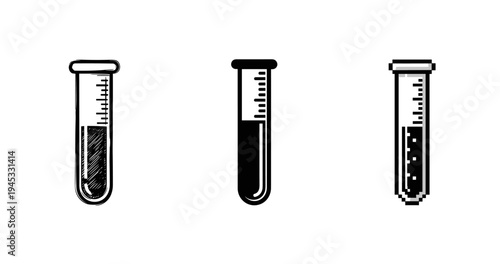 Set of three test tubes in different styles on white background