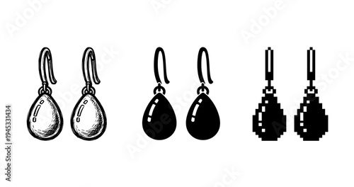 Set of earrings in engraved, silhouette, and pixel art styles on white background