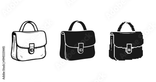 Three unique styles of handbags: sketch, silhouette, pixel art