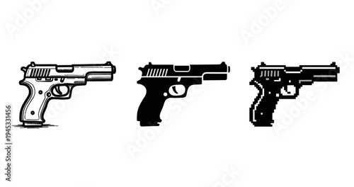 Three stylized gun illustrations: sketch, solid, pixel art