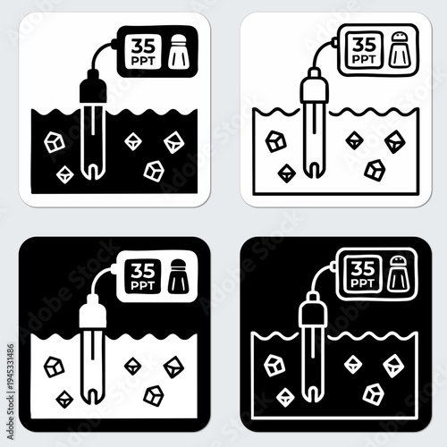 Salinity measurement meter and salt water testing probe icon set, marine science line art and solid vector symbols