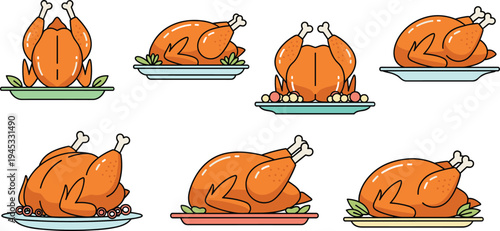 Roasted whole chicken and turkey dishes vector set with cooked poultry meals on plates for restaurant menu, thanksgiving dinner and food illustration design