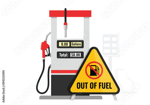 Gas pump with out of fuel warning sign in front  fuel pump nozzle attached