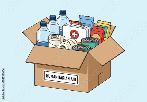 Humanitarian aid box with food water and medical supplies for emergency situations