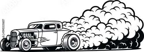 Vintage Hot Rod Drift with Smoke Burnout Hand Drawn Retro Vector Illustration