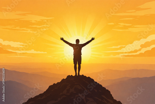 A silhouette of a victorious man stands on a rocky mountain peak against a sunset sky, celebrating freedom and success at the top of a breathtaking nature landscape during his travel adventure