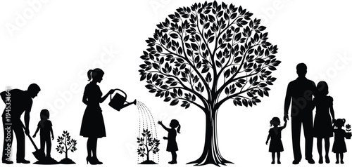 Family planting and watering tree illustration showing parents and children nurturing growth symbolizing life cycle love environment sustainability future