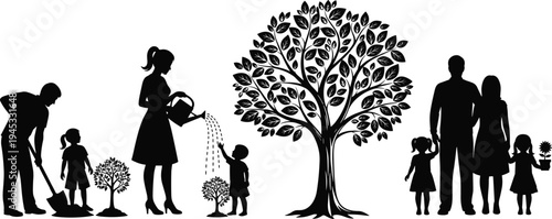Family planting and watering tree illustration showing parents teaching children nurturing nature growth symbolizing life cycle love sustainability future