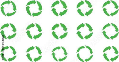 Green recycle arrow icons set with circular recycling symbols isolated on white background flat vector collection for sustainability, eco friendly environment and waste management design