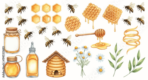 Watercolor illustration of honey bees honeycomb and related elements