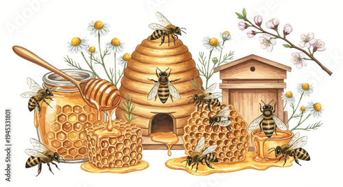Watercolor illustration of honey filled jars honeycomb and bees flying around beehive