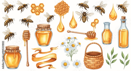 Watercolor illustration of honey bees jars and related elements