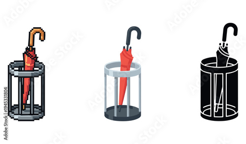 Umbrella holders: pixel art, isometric, and silhouette designs