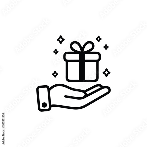 Minimalist black and white icon of a hand holding a gift box with stars on white clean background