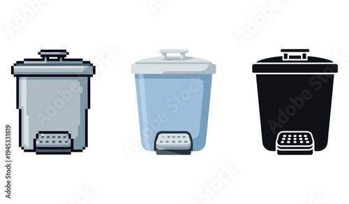 Three styles of trash bins: pixelated, realistic, and silhouette