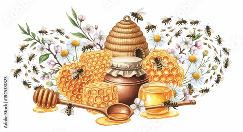 Watercolor illustration of honey honeycomb and bees with floral elements