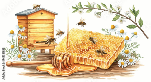 Watercolor illustration of honey honeycomb and bees with floral elements